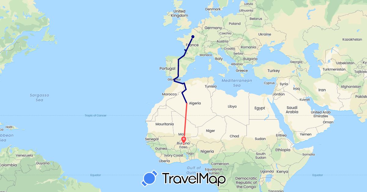 TravelMap itinerary: driving, hiking in Burkina Faso, Algeria, Spain, France, Morocco (Africa, Europe)